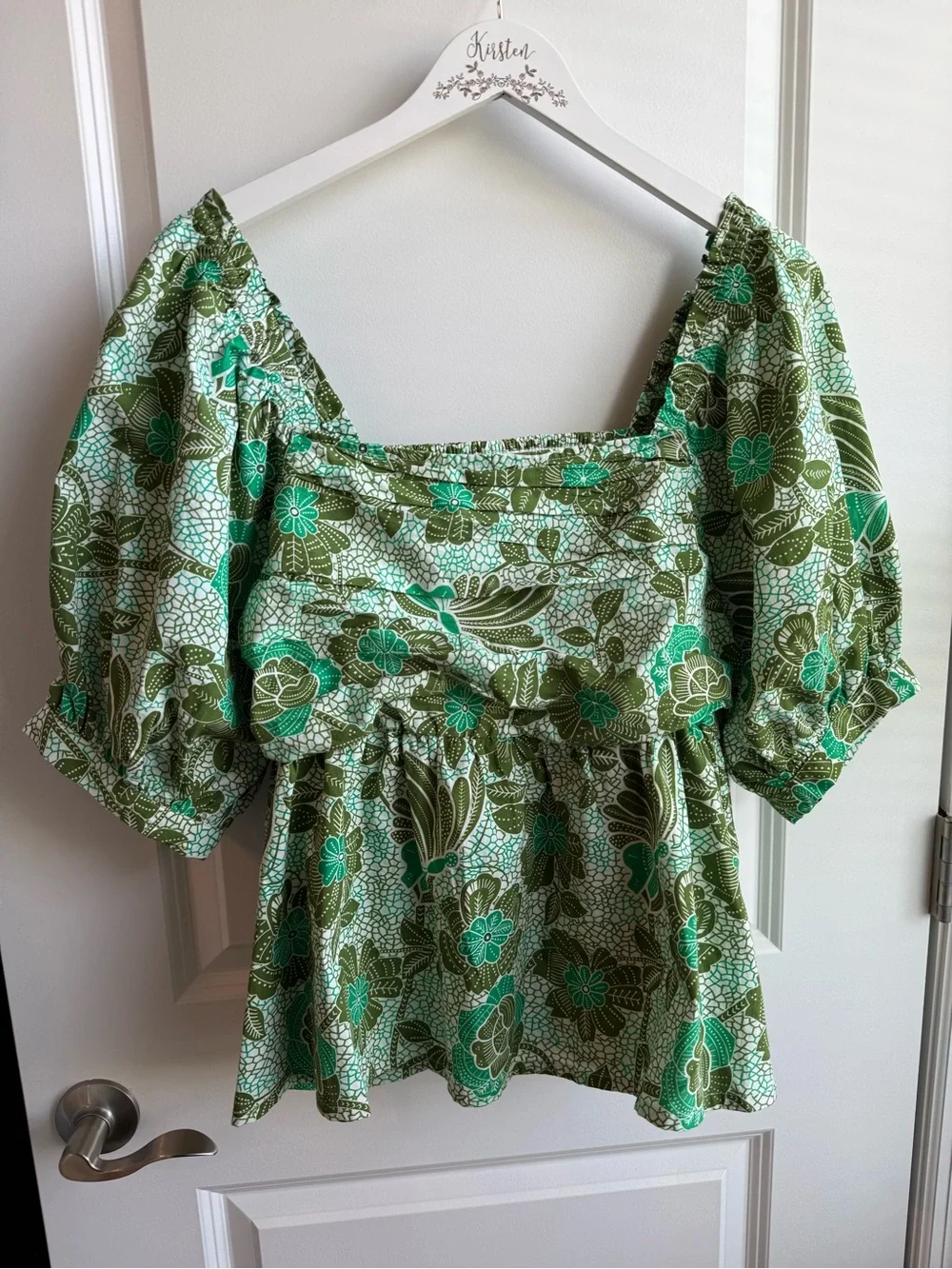 Anthropologie Green Floral Smocked Peplum Blouse